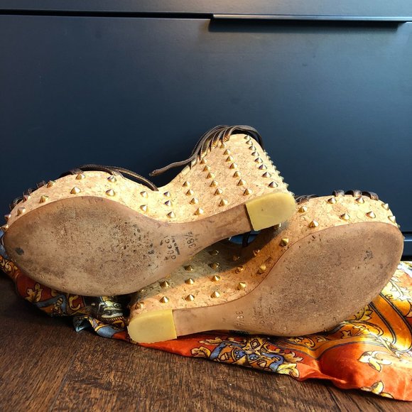 Gucci Brown Leather Studded Cork Wedge Sandals - Picture 10 of 12